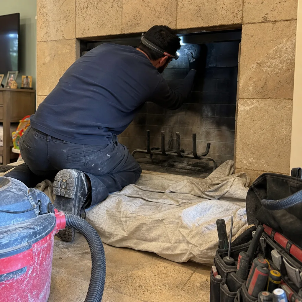 Professional chimney sweep performing a thorough fireplace inspection and cleaning