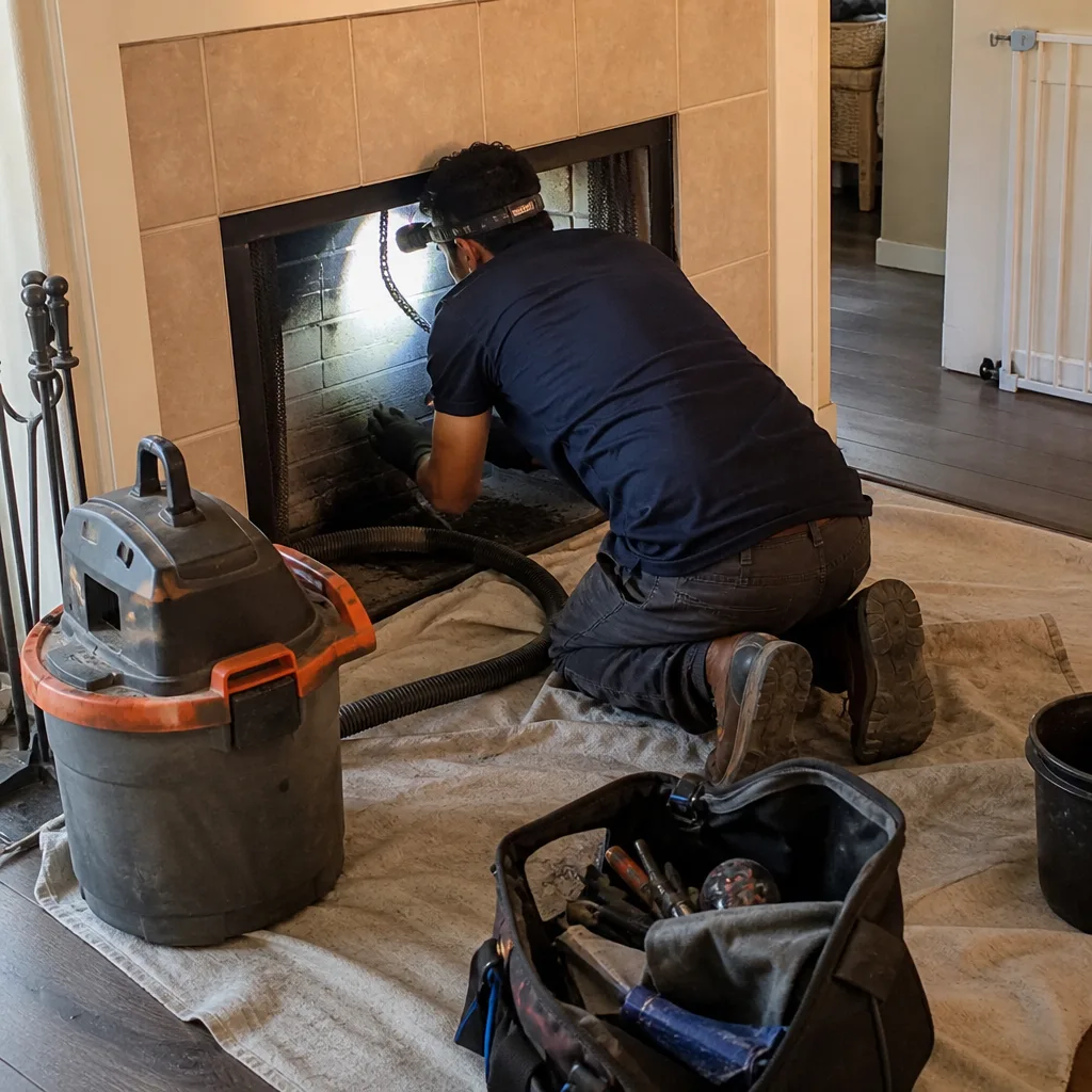 Professional technician performing a chimney inspection on a residential fireplace.