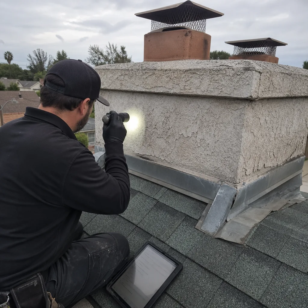 Professional inspector performing a detailed chimney masonry and structural safety inspection