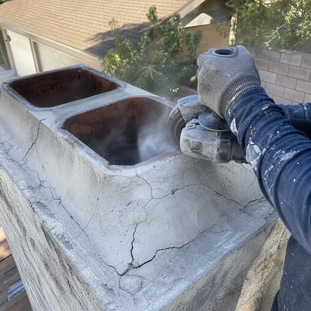 Professional technician performing chimney crown repair using an angle grinder