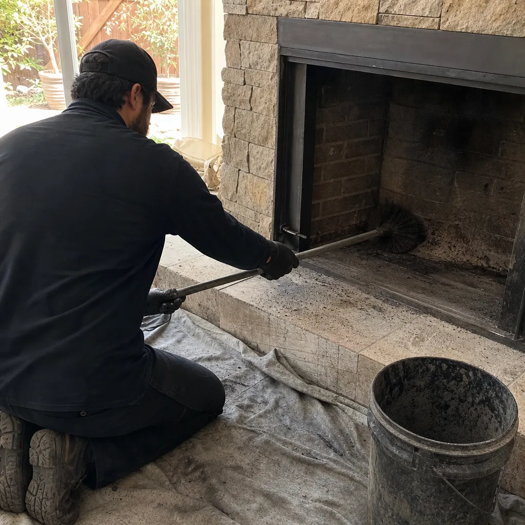 Professional chimney sweep cleaning soot from a residential brick fireplace