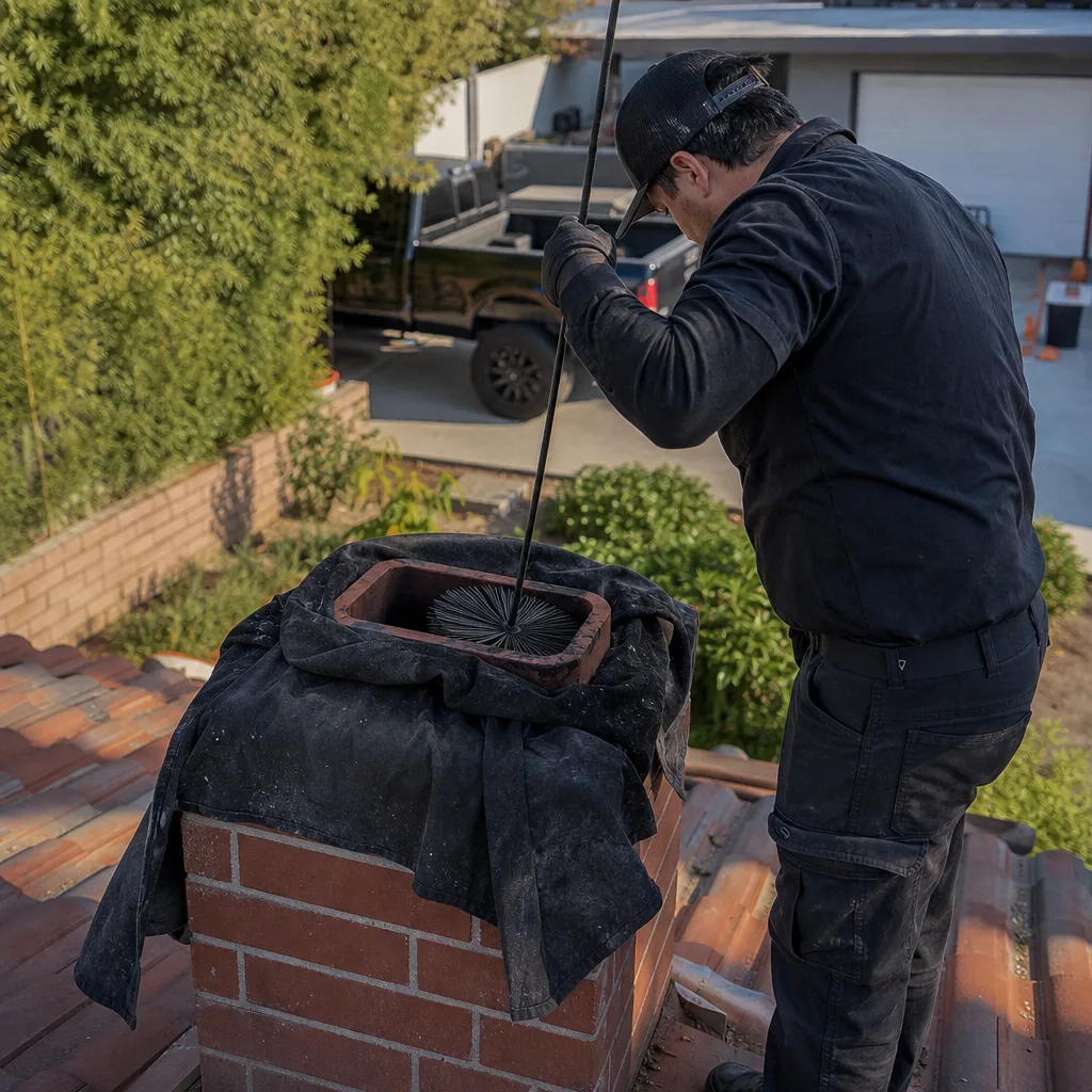 Professional chimney sweep cleaning a brick chimney with a long brush